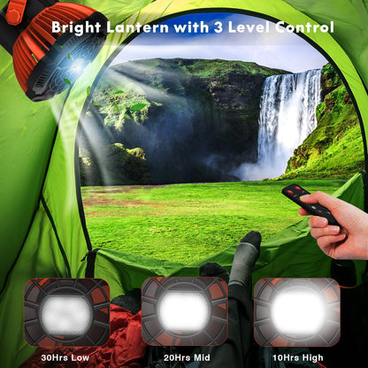 Ventilador de camping con linterna LED, ventilador portátil para tienda de campaña con control remoto